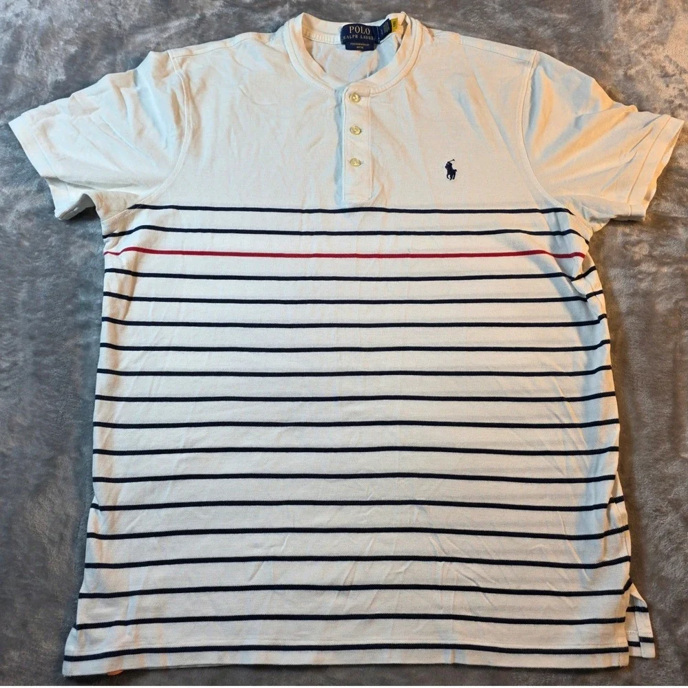 Polo Ralph Lauren Henley Shirt Mens Large White Striped Featherweight Mesh Logo‎